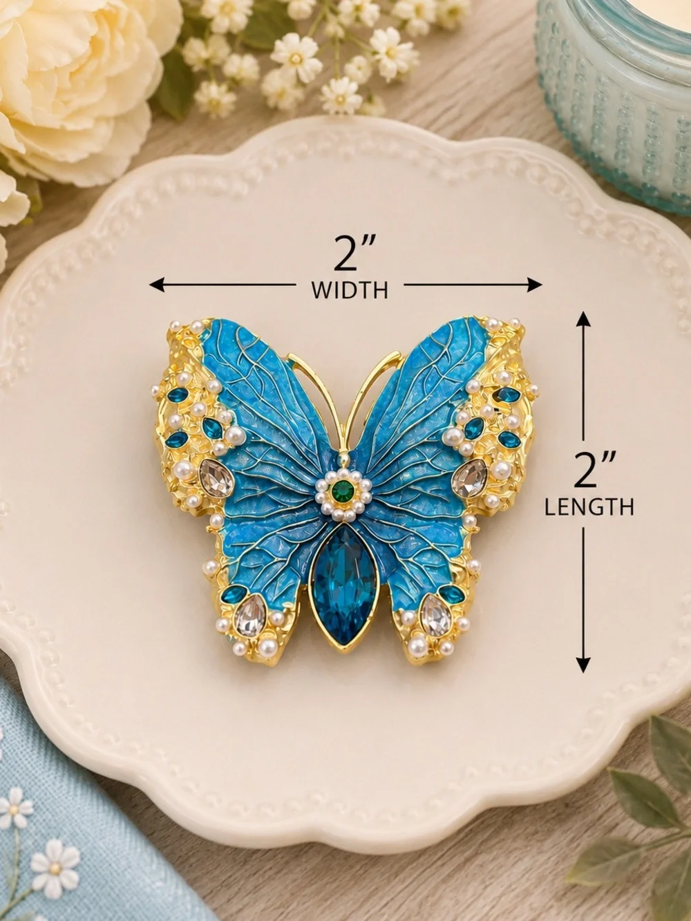Blue Enamel Butterfly Brooch with Faux Pearls & Rhinestones Gold Tone